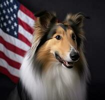 Hund im das Hintergrund von das amerikanisch Flagge. erstellt mit generativ ai Technologie. foto
