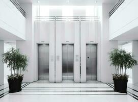 öffnen und geschlossen Chrom Metall Büro Gebäude Aufzug Türen realistisch Foto. Aufzug Transport Fußboden zu Böden mit drücken Schalter zum oben und runter. erstellt mit generativ ai Technologie. foto