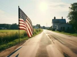 amerikanisch Flagge flattern im das Brise auf ein verlassen Main Straße auf Denkmal Tag. erstellt mit generativ ai Technologie. foto