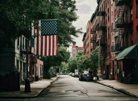 amerikanisch Flagge flattern im das Brise auf ein verlassen Main Straße auf Denkmal Tag. erstellt mit generativ ai Technologie. foto