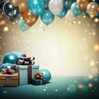 Türkis Hintergrund zum ein Foto schießen mit Luftballons und Geburtstag Geschenke erstellt mit generativ ai Technologie