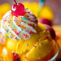 Mango Eis Sahne mit streuen und Kirsche Früchte generiert durch ai kostenlos Foto