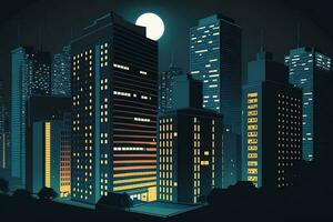 Stadt Beleuchtung und mehrstöckig Gebäude mit das Mond generiert durch ai foto