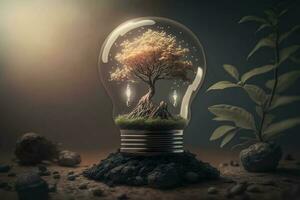 Baum Wachstum und ein Licht Birne mit Energie, generiert durch ai foto