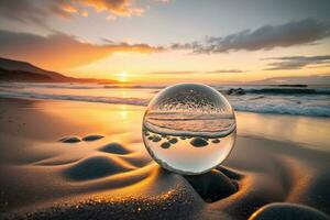 ein klar Ball auf das Strand Hintergrund, generiert durch ai foto