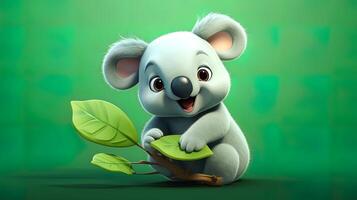 3d Illustration von ein süß Koala mit Blätter, generiert durch ai foto