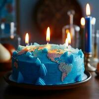 Welt Karte. Kuchen mit Kontinente von Planeten und Verbrennung Kerzen. Kuchen Tag. Welt Erde Tag. ai generiert foto