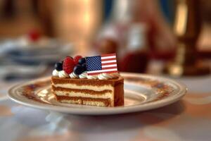 Kuchen mit USA Flagge, Sahne und Sträusel. 4 .. von Juli, Unabhängigkeit Tag Konzept. generativ ai foto