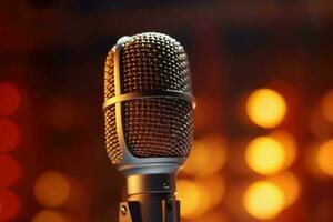 Mikrofon Musik- Hintergrund mit Beleuchtung. Konzept Öffentlichkeit Sprechen auf Bühne. generativ ai foto
