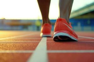 schließen oben Aussicht von Läufer Sport Schuhe Sprint Laufen auf Schiene. Ausbildung zum Marathon. generativ ai foto
