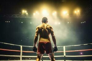 zurück Aussicht von Fachmann Boxer. Ring Spiel mit Stelle Beleuchtung. generativ ai foto