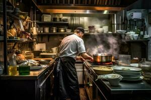 Koch Kochen im ein beschäftigt Restaurant Küche zurück Sicht. generativ ai foto