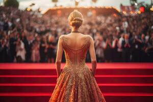 Welt Unterhaltung Star auf das rot Teppich von ein Festival zurück Sicht. generativ ai foto