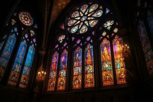 bunt befleckt Glas Fenster von ein Kirche mit Strahlen ausstrahlen von Es. generativ ai foto