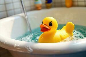 Gelb Ente Spielzeug im das Badewanne. Bad Zeit Konzept. generativ ai foto