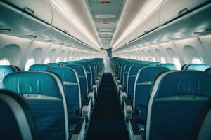 Innere von modern Flugzeug mit Flug Sitze und Flur im tagsüber während Flug. generativ ai foto