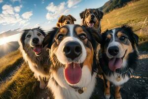 ein Gruppe von Hunde nehmen ein Selfie auf ein verschwommen Hintergrund. generativ ai foto