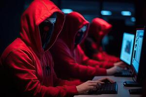 hacken und Malware Konzept. Hacker sind mit Laptop mit Digital Schnittstelle. generativ ai foto