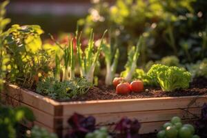 angehoben Bett Gardens zum wachsend Gemüse oder Kompostierung. generativ ai foto