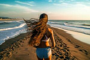 ein Mädchen Joggen entlang das Strand. ein gesund Lebensstil und ein mühelos Weg von Leben. generativ ai foto