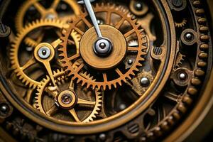 Getriebe und Zahnräder Mechanismus. Uhrwerk von ein Uhr mit Juwelen industriell Maschinen. generativ ai foto