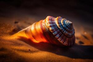 Schale auf Sand beim Strand. Sommer- Seelandschaft Hintergrund. generativ ai foto