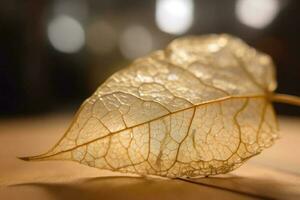 schließen oben Weiß skelettiert Blatt auf golden Hintergrund mit runden Bokeh. generativ ai foto