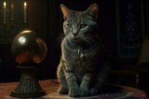 ein Vermögen Erzähler Katze mit ein Magie Kristall Ball. generativ ai foto