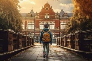 Gehen Kind und Schule Eingang, zurück Sicht. Schüler gehen Studie mit Rucksack. generativ ai foto