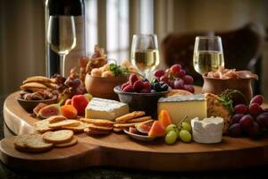 Essen und Wein Sortiment. Käse, Traube, Fleisch und Früchte auf das hölzern Schreibtisch. generativ ai foto