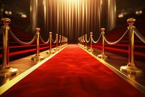 Auszeichnungen Show Hintergrund. rot Samt Teppich zwischen golden Barrieren in Verbindung gebracht durch ein Seil. generativ ai foto
