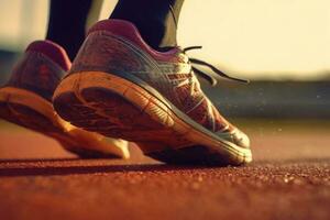schließen oben Aussicht von Läufer Sport Schuhe Sprint Laufen auf Schiene. Ausbildung zum Marathon. generativ ai foto