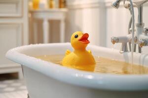 Gelb Ente Spielzeug im das Badewanne. Bad Zeit Konzept. generativ ai foto