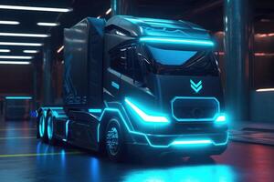 elektrisch LKW im ein futuristisch Umfeld. LKW mit Neon- Beleuchtung. generativ ai foto