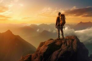 Tourist mit Rucksack auf das Gipfel sieht aus auf das Sonnenuntergang. Sport und aktiv Leben Konzept. generativ ai foto
