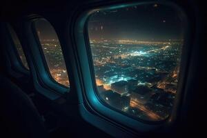 Aussicht von das Nacht Stadt von das Flugzeug Fenster. Nacht Stadtbild. Reise und Tourismus Konzept. generativ ai foto