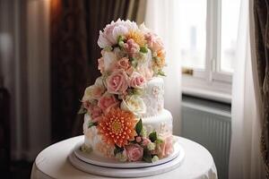 das aufwendig Hochzeit Kuchen mit Blumen und Beeren im modern Innere. generativ ai foto