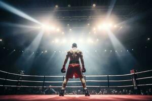 zurück Aussicht von Fachmann Boxer. Ring Spiel mit Stelle Beleuchtung. generativ ai foto