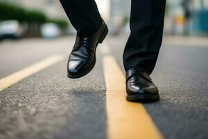 Geschäftsmann gehen auf Straße, schließen oben Schuhe. männlich Schuhe und Hose im Gehen Position. generativ ai foto