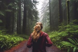 Frau Läufer im Sport Jacke Lauf Wald Weg im das Regen, zurück Sicht. generativ ai foto