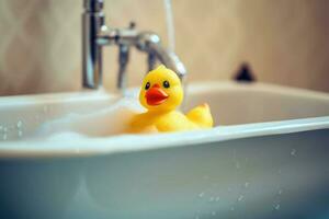 Gelb Ente Spielzeug im das Badewanne. Bad Zeit Konzept. generativ ai foto