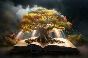 Geheimnis Buch von welche taucht auf ein magisch Baum mit funkelt und Regenbogen hinter. generativ ai foto