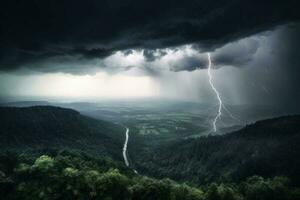 enorm wolkig windig Sturm. Himmel mit dramatisch Wolken von ein Annäherung Gewitter. generativ ai foto