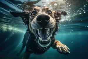 unter Wasser komisch Foto von Hund, tauchen tief runter. Sommer- Ferien mit Haustier. Nahansicht unter Wasser Foto von ein Hund. generativ ai Illustration