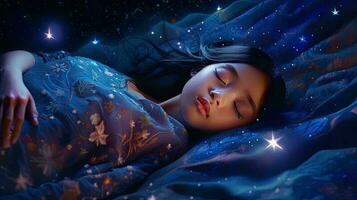 träumend unter das Sterne 3d Illustration von ein jung asiatisch Frau Schlafen im tief Raum. generativ ai foto