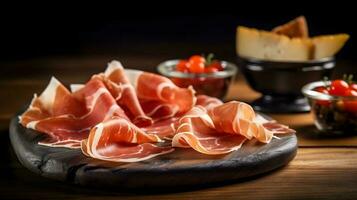 Italienisch Prosciutto Crudo oder Jamon mit Rosmarin. roh Schinken. foto