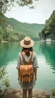 Reisender Frau auf das Straße im Vorderseite von ein See mit ein Rucksack. foto