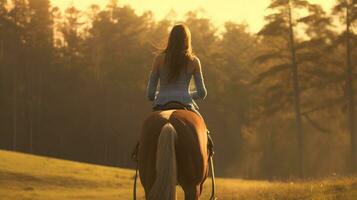 kaukasisch Frau und Pferd Ausbildung während Sonnenuntergang foto
