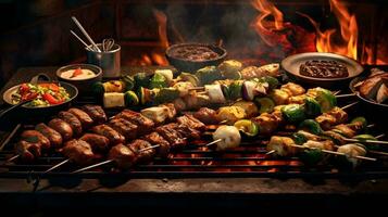 Rindfleisch Steaks und Gemüse auf das Grill mit Flammen. Grill. foto