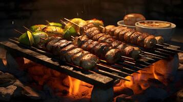 Rindfleisch Steaks und Gemüse auf das Grill mit Flammen. Grill. foto